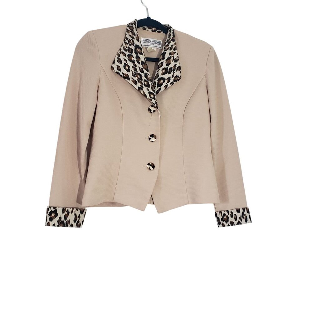 Vintage Jessica Howard Womens Blazer Jacket Size 4 Petite‎ Beige Cheetah Office